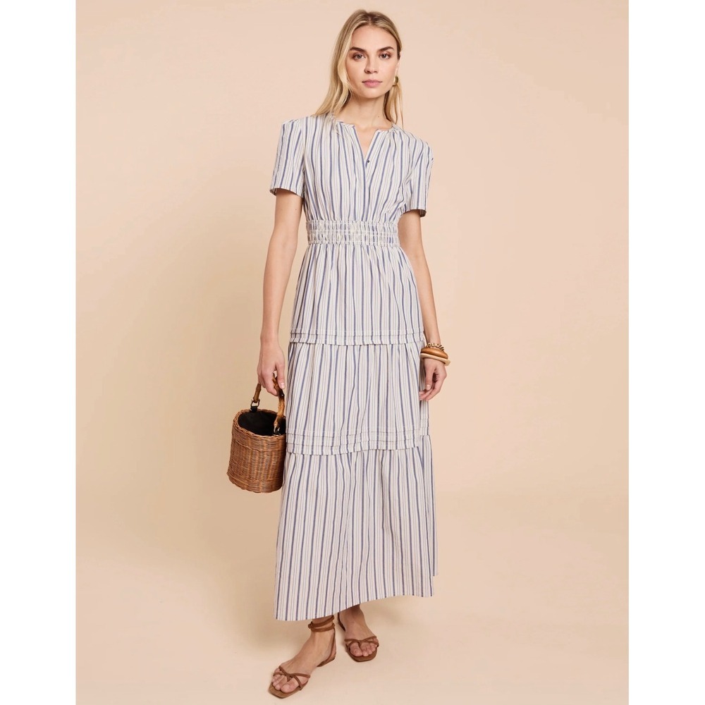 CAARA Blue White Striped Smocked Waist Tiered Maxi Dress C25WDRS06800 Small